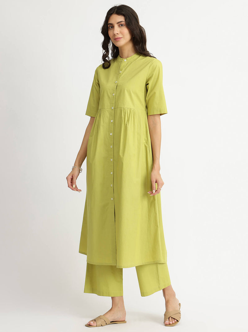 Air Loom Cotton Poplin Solid Kurta Set - Green