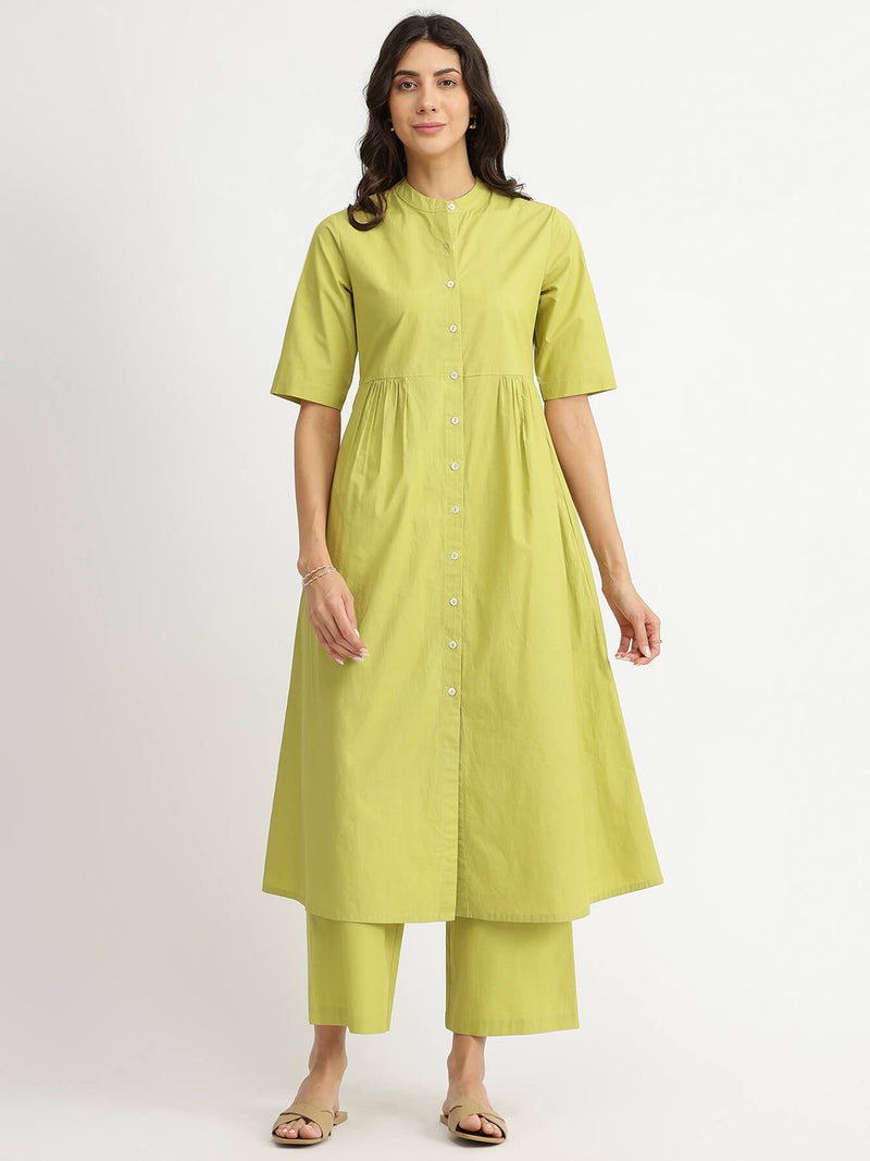 Air Loom Cotton Poplin Solid Kurta Set - Green