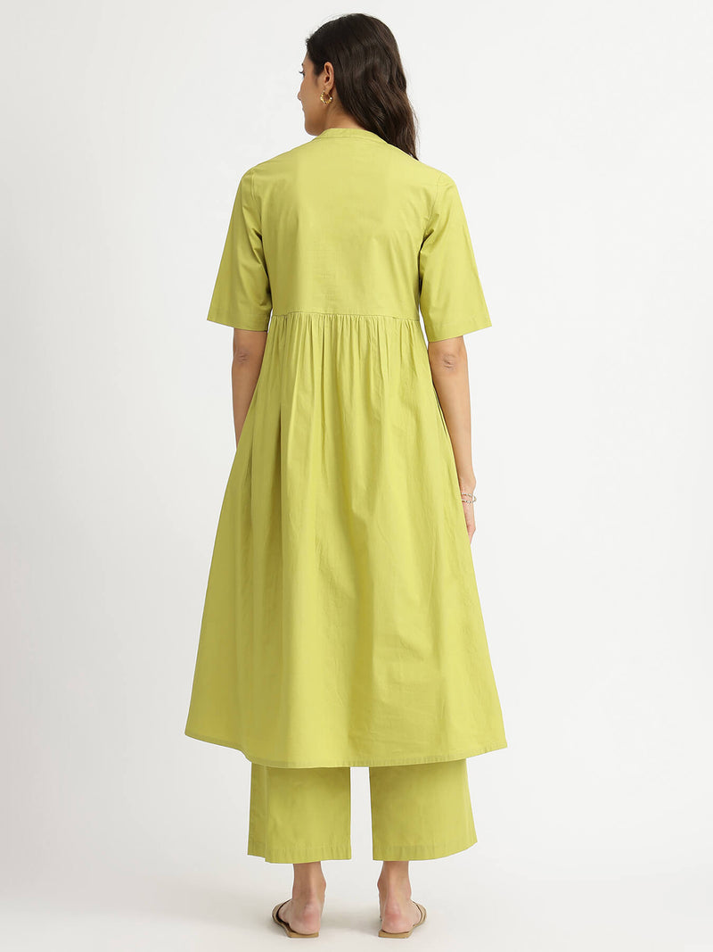 Air Loom Cotton Poplin Solid Kurta Set - Green
