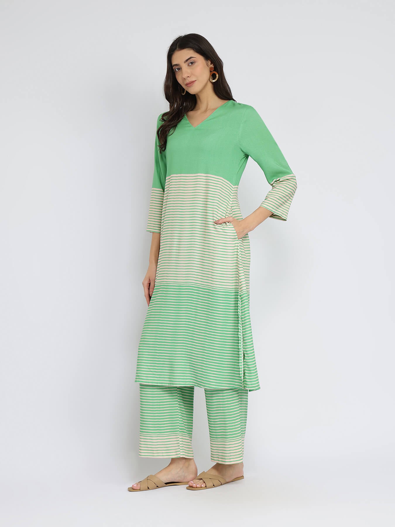 Rayon Striped A-Line Kurta Set - Green