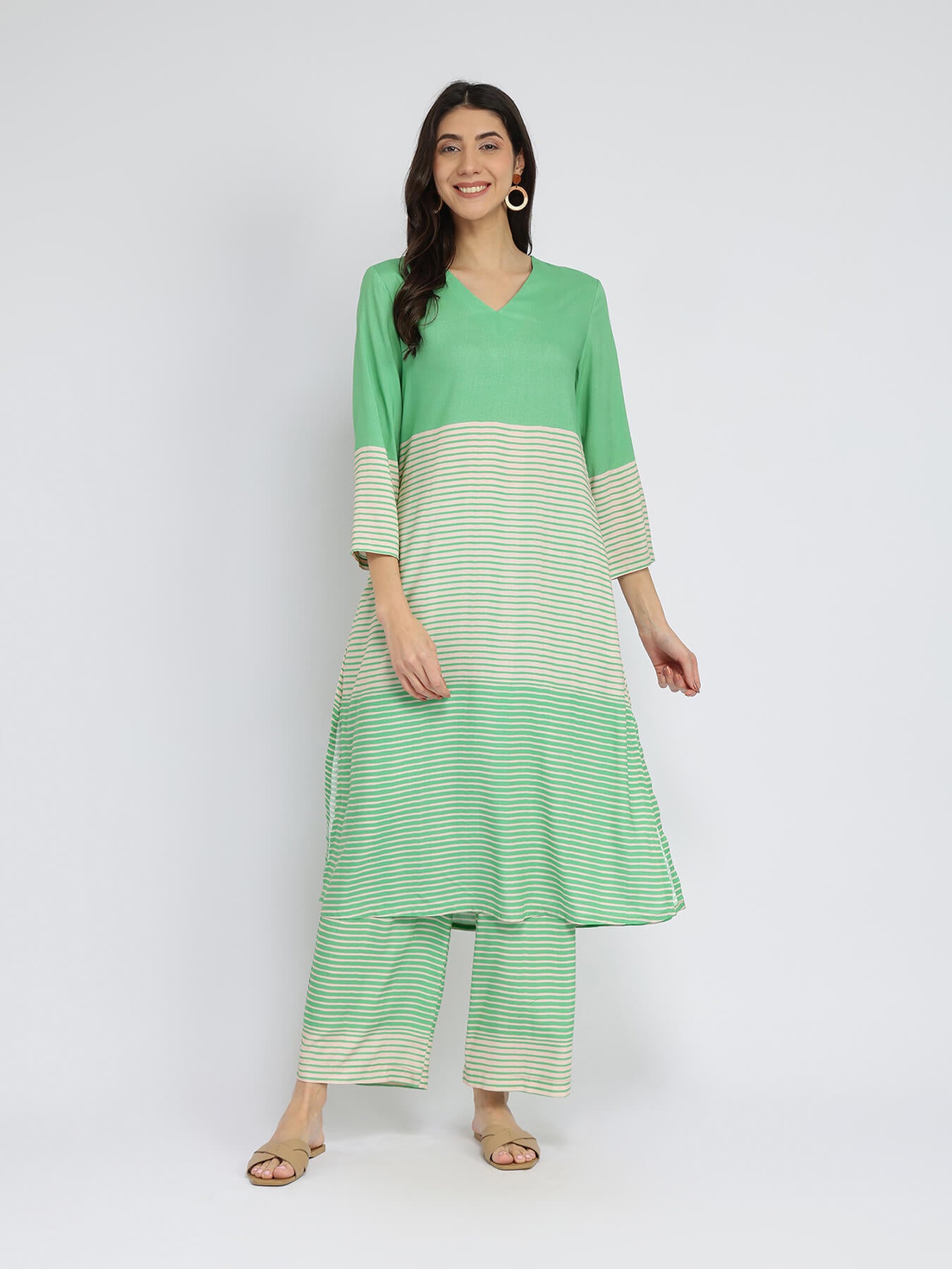 Rayon Striped A-Line Kurta Set - Green