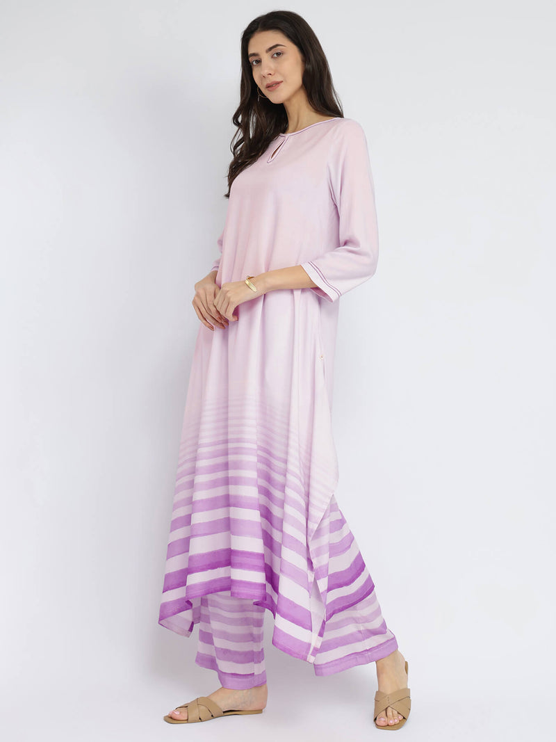 Rayon Striped Asymmetric Kurta Set - Lavender