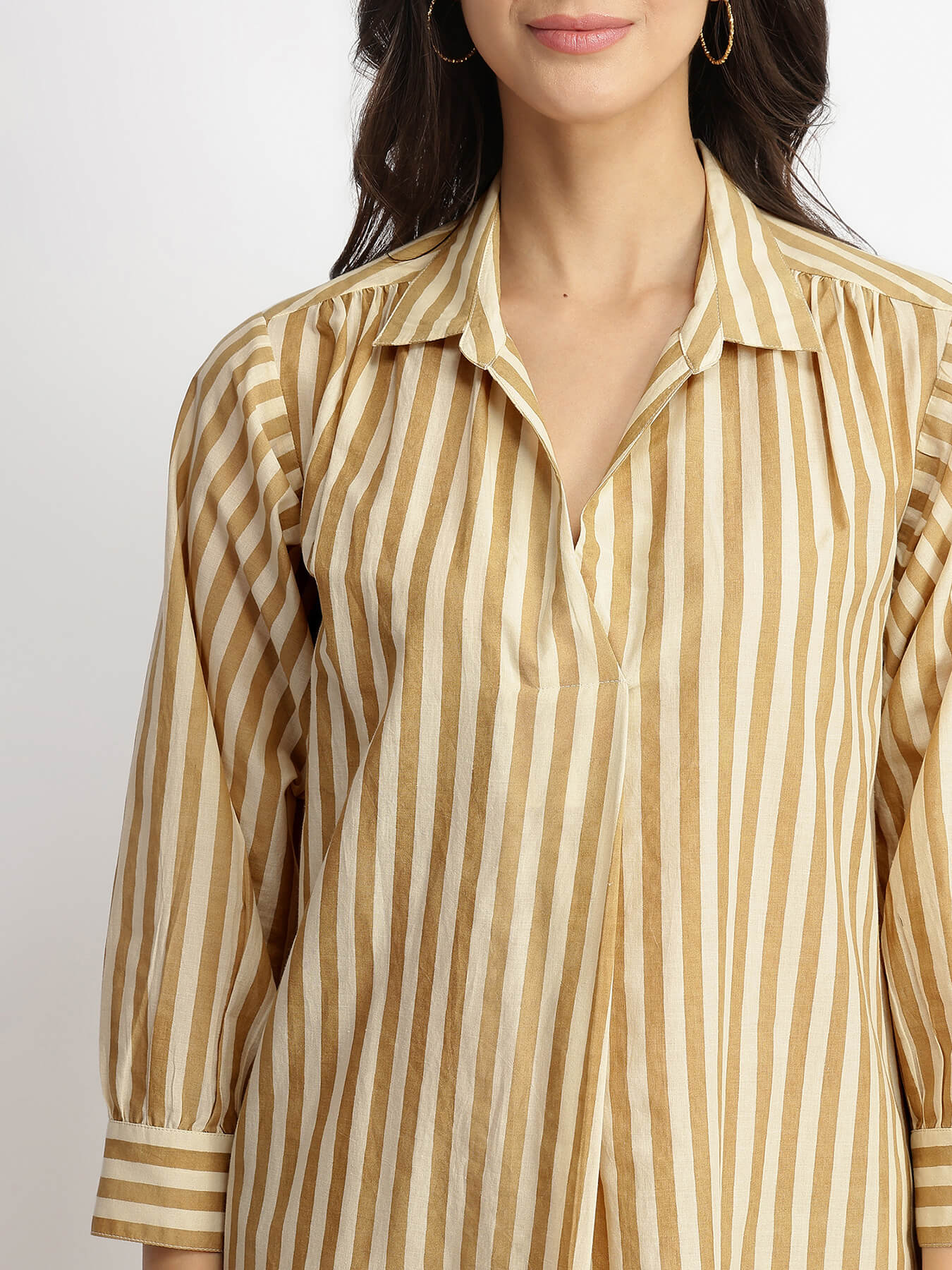 Cotton Striped Shirt Collar Kurta Set - Off-White & Khaki