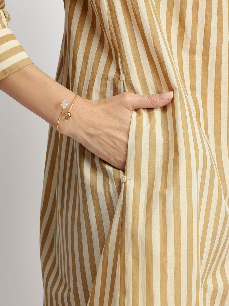 Cotton Striped Shirt Collar Kurta Set - Off-White & Khaki