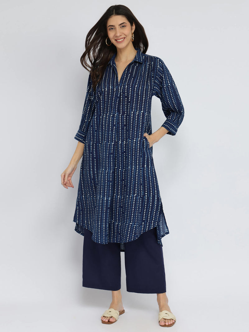 Cotton Dabu Polka Play Kurta Set - Indigo