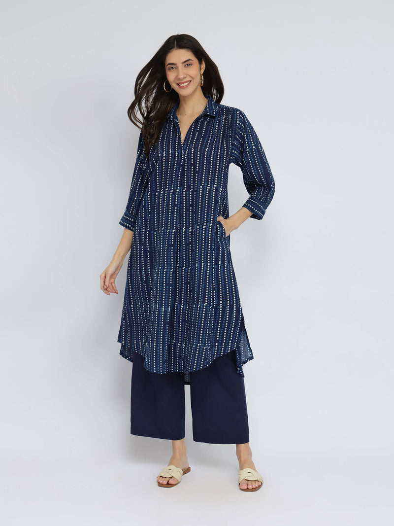 Cotton Dabu Polka Play Kurta Set - Indigo