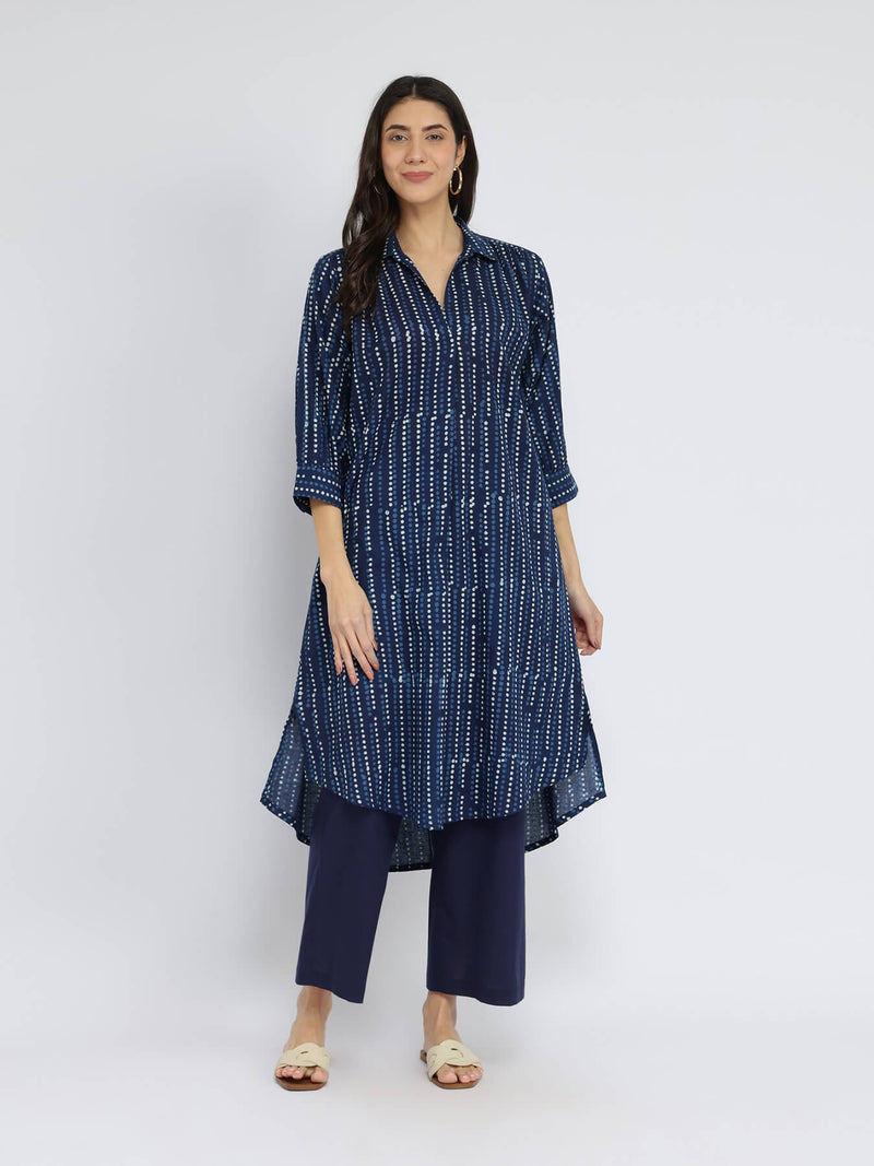 Cotton Dabu Polka Play Kurta Set - Indigo