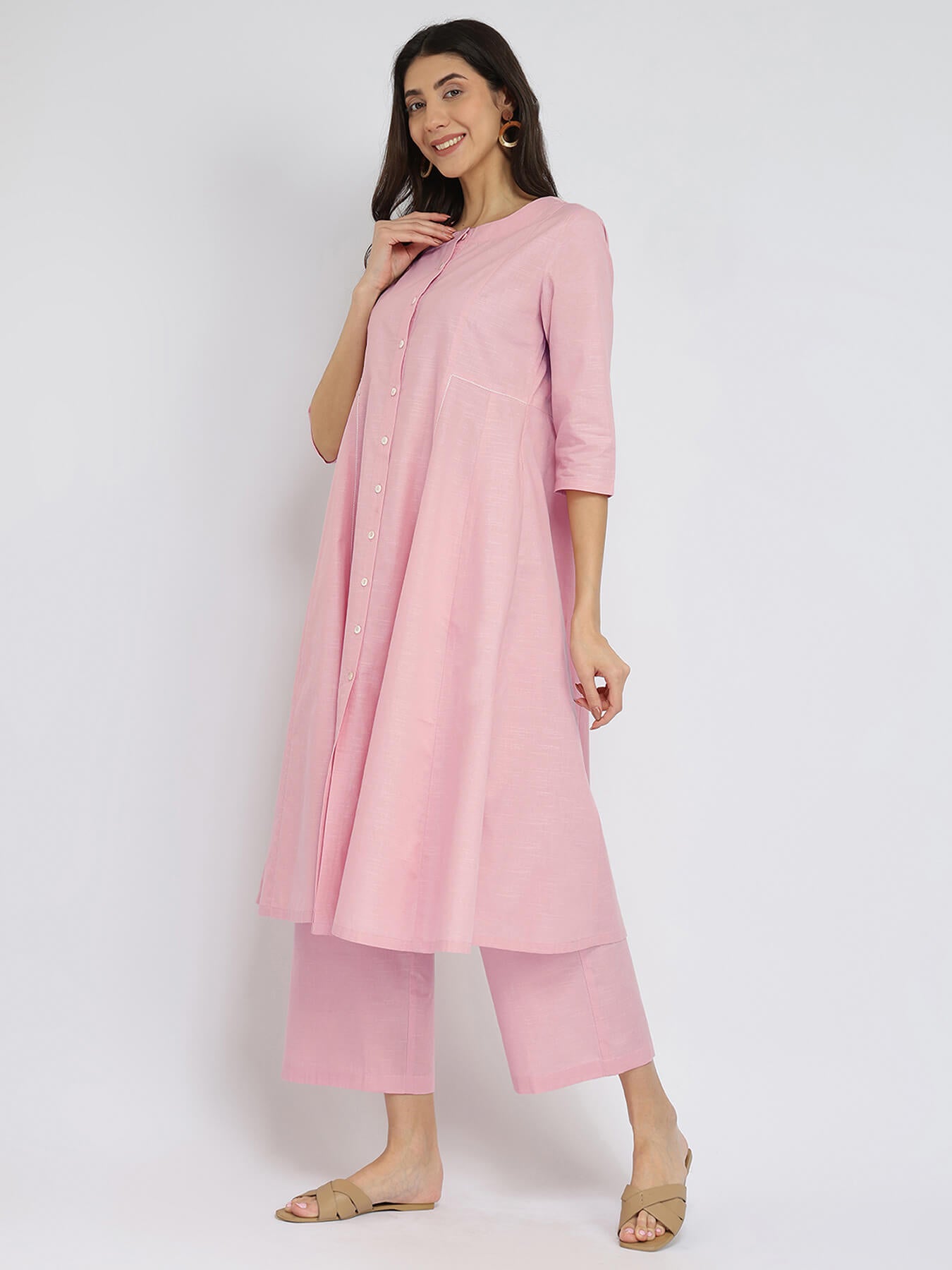 Luxe-Textured Cotton Solid Kurta Set - Pink