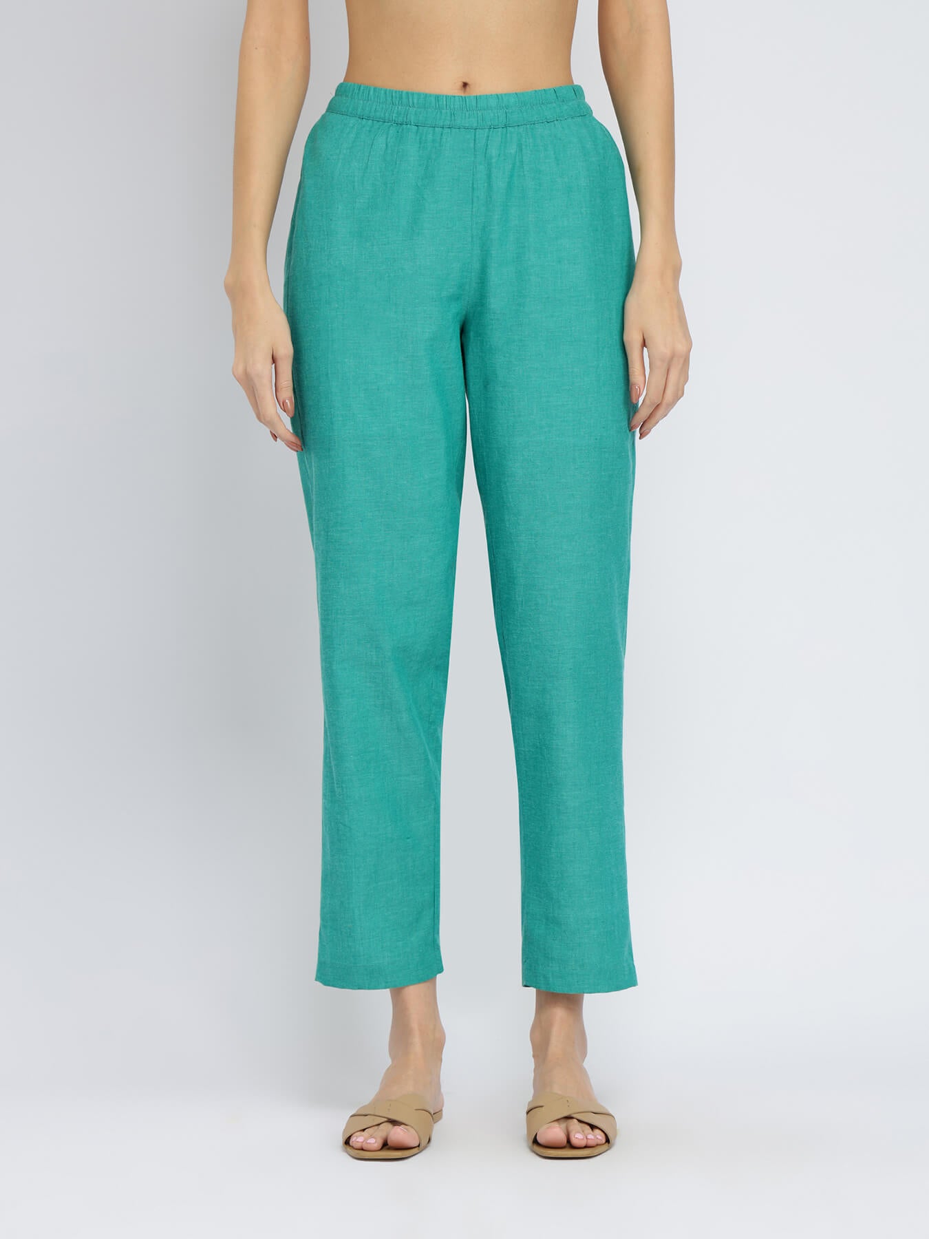 Cotton Colourblock Handwoven Kurta Set - Green & Blue