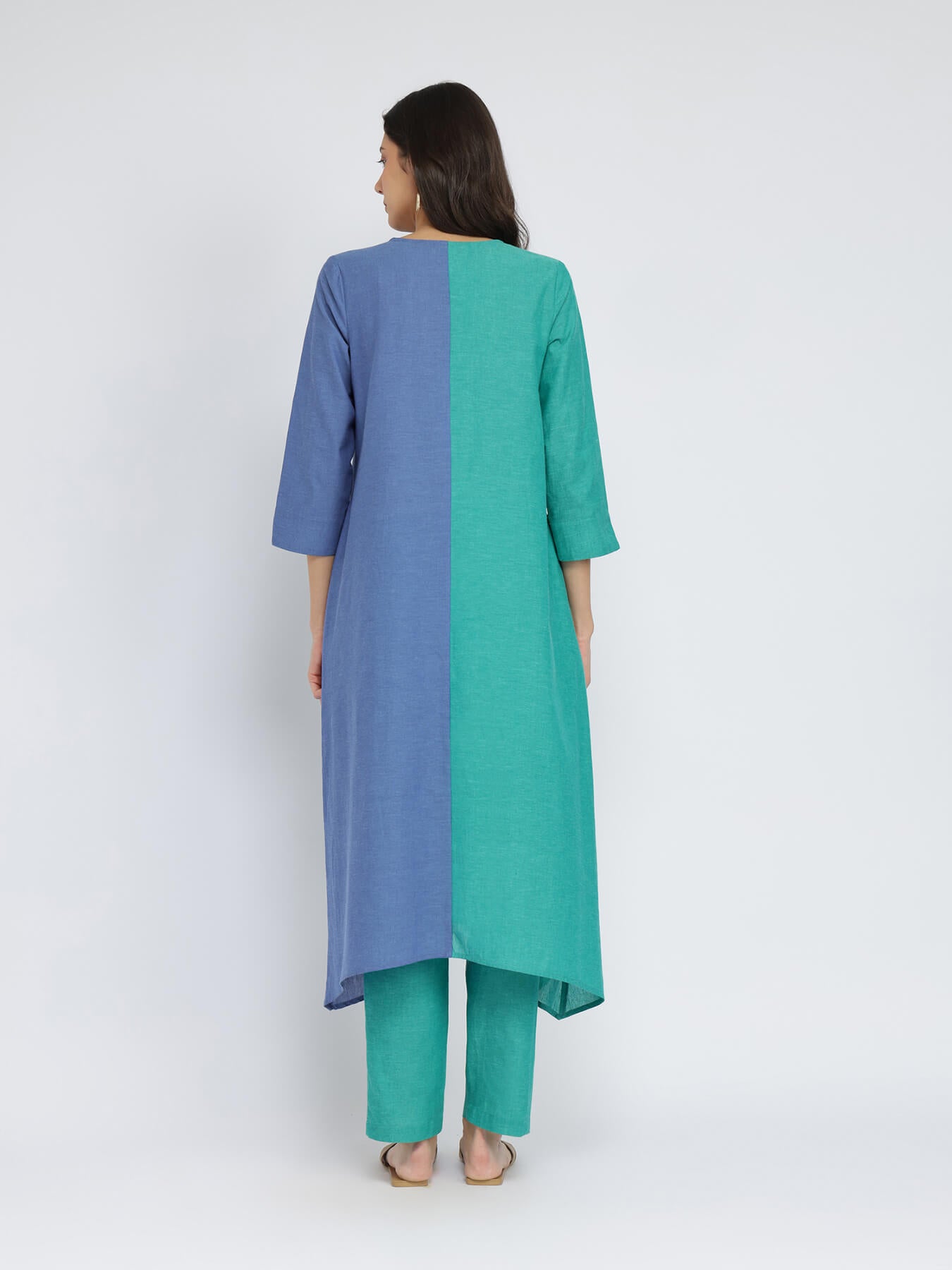 Cotton Colourblock Handwoven Kurta Set - Green & Blue
