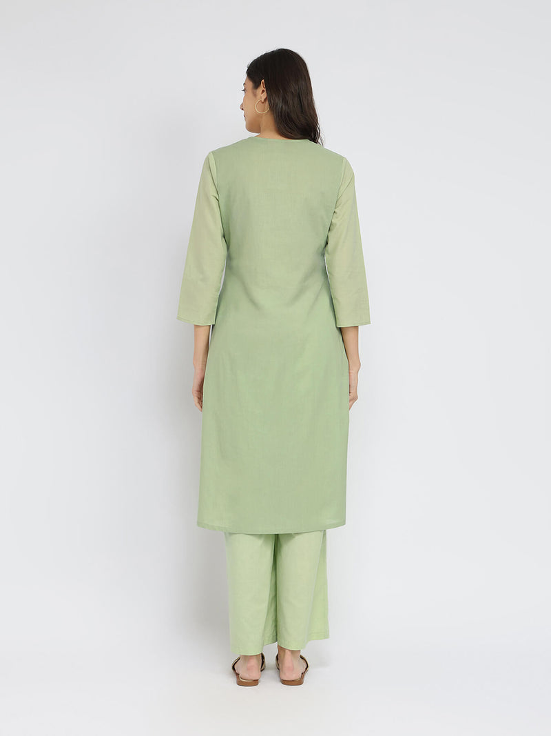Cotton Floral Placement Print Kurta Set - Green