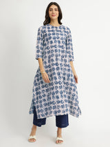 Cotton Dabu Leaf Print Kurta Set - Indigo