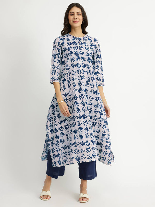 Cotton Dabu Leaf Print Kurta Set - Indigo