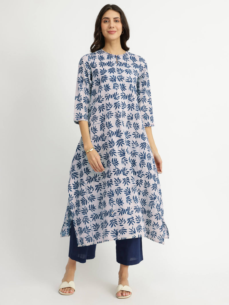 Cotton Dabu Leaf Print Kurta Set - Indigo