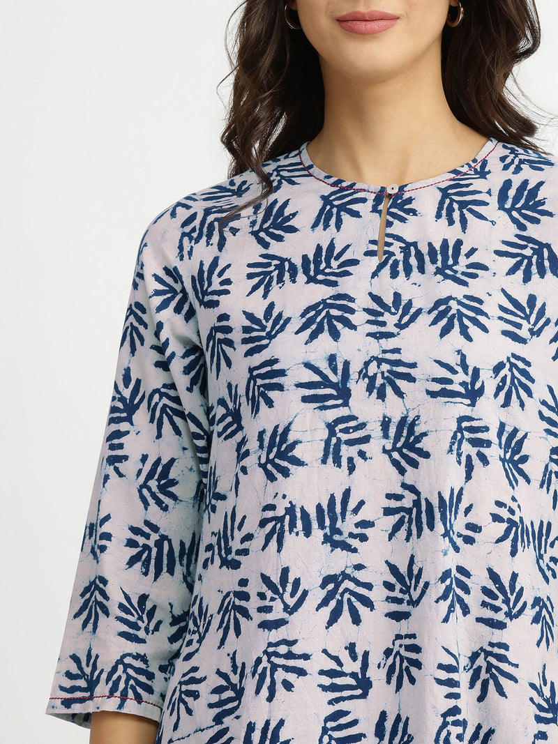Cotton Dabu Leaf Print Kurta Set - Indigo