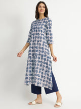 Cotton Dabu Leaf Print Kurta Set - Indigo