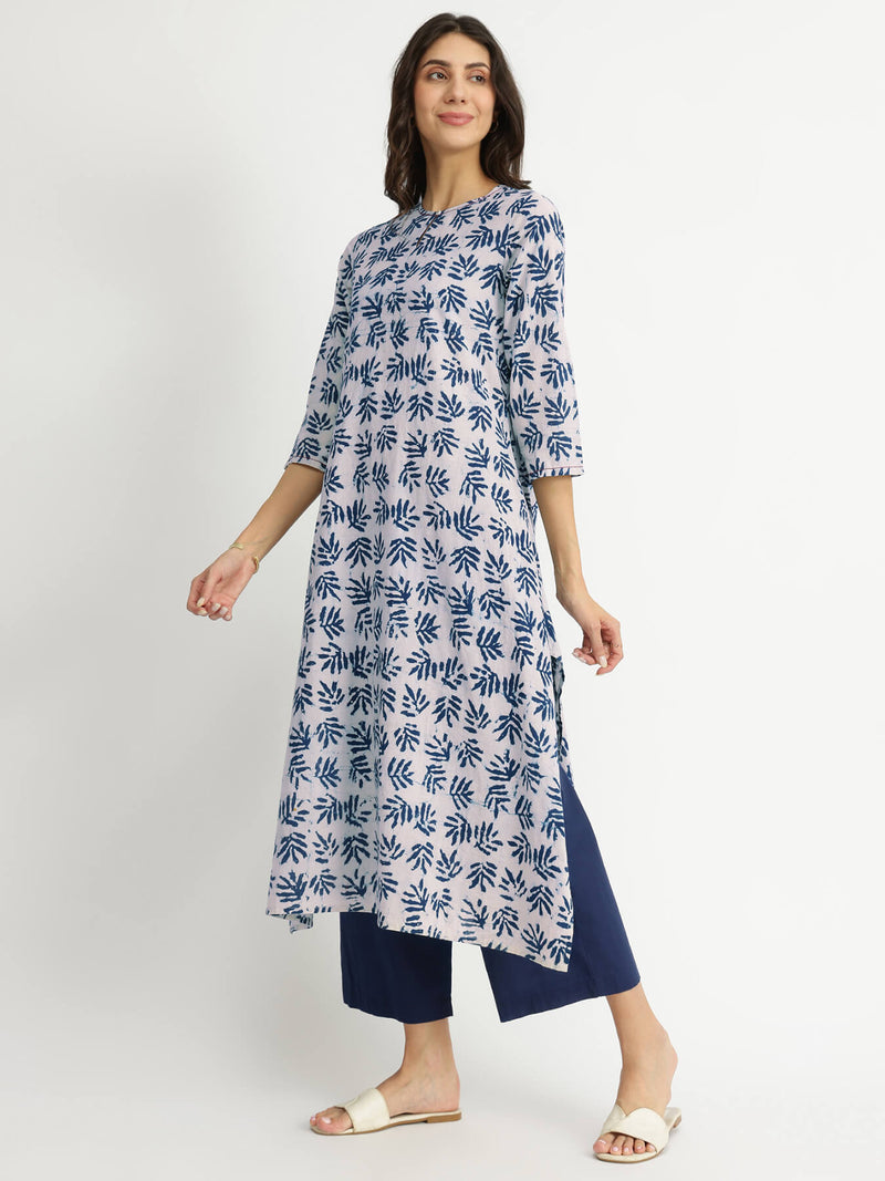 Cotton Dabu Leaf Print Kurta Set - Indigo