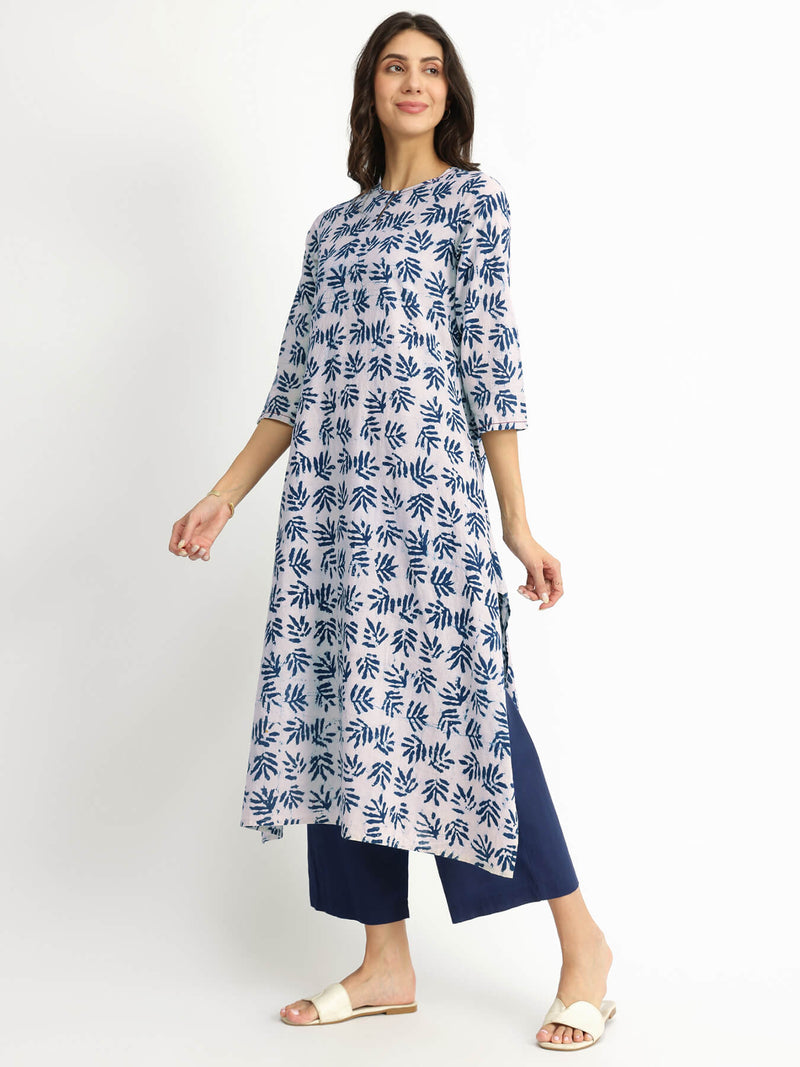 Cotton Dabu Leaf Print Kurta Set - Indigo