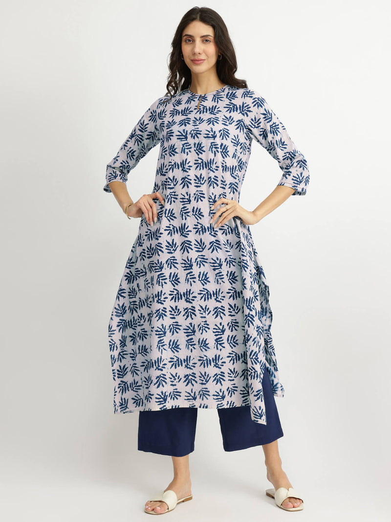 Cotton Dabu Leaf Print Kurta Set - Indigo