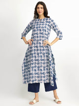 Cotton Dabu Leaf Print Kurta Set - Indigo
