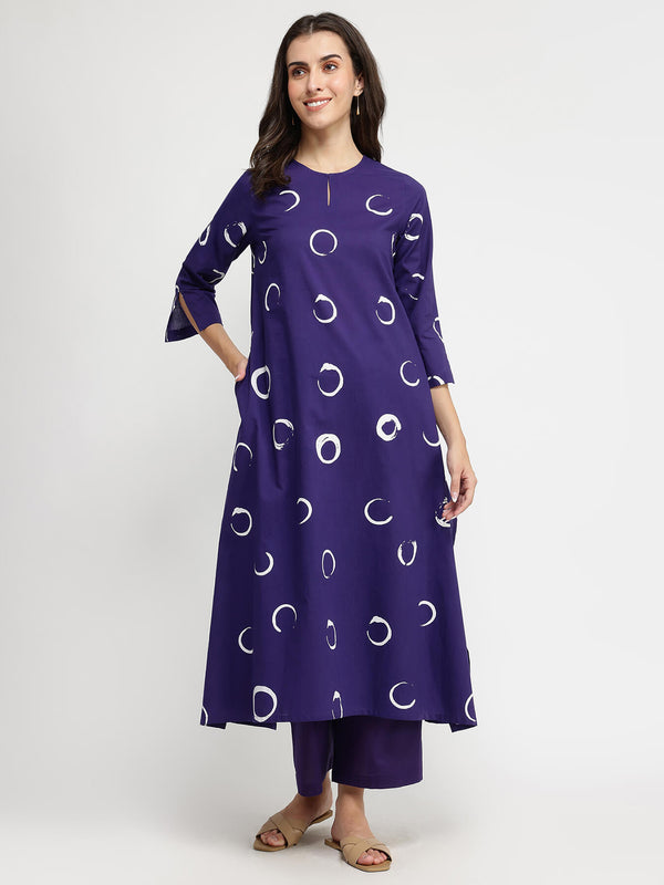 Cotton Abstract Polka Kurta Set - Purple