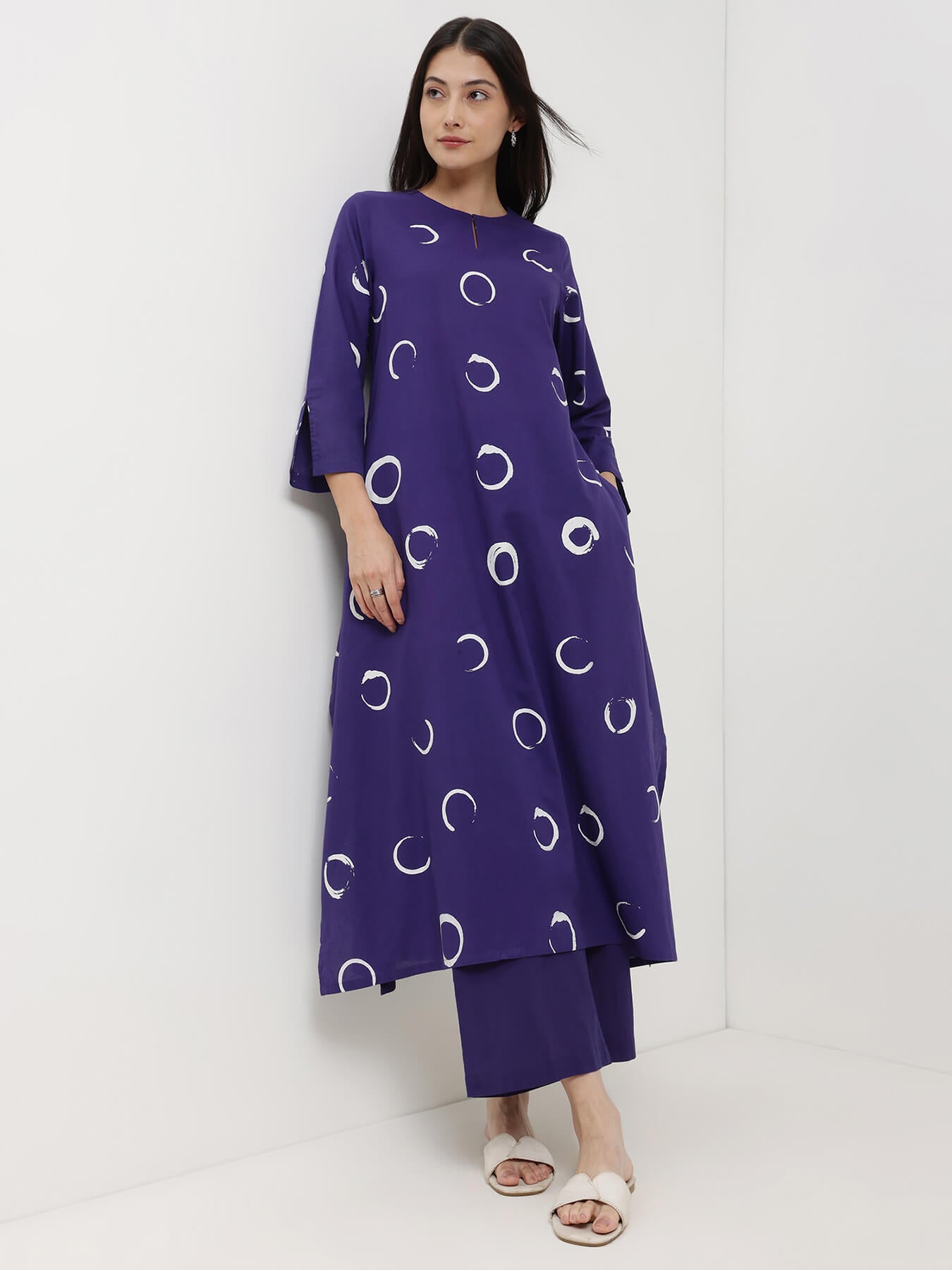 Cotton Abstract Polka Kurta Set - Purple