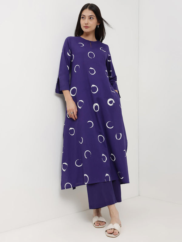 Cotton Abstract Polka Kurta Set - Purple