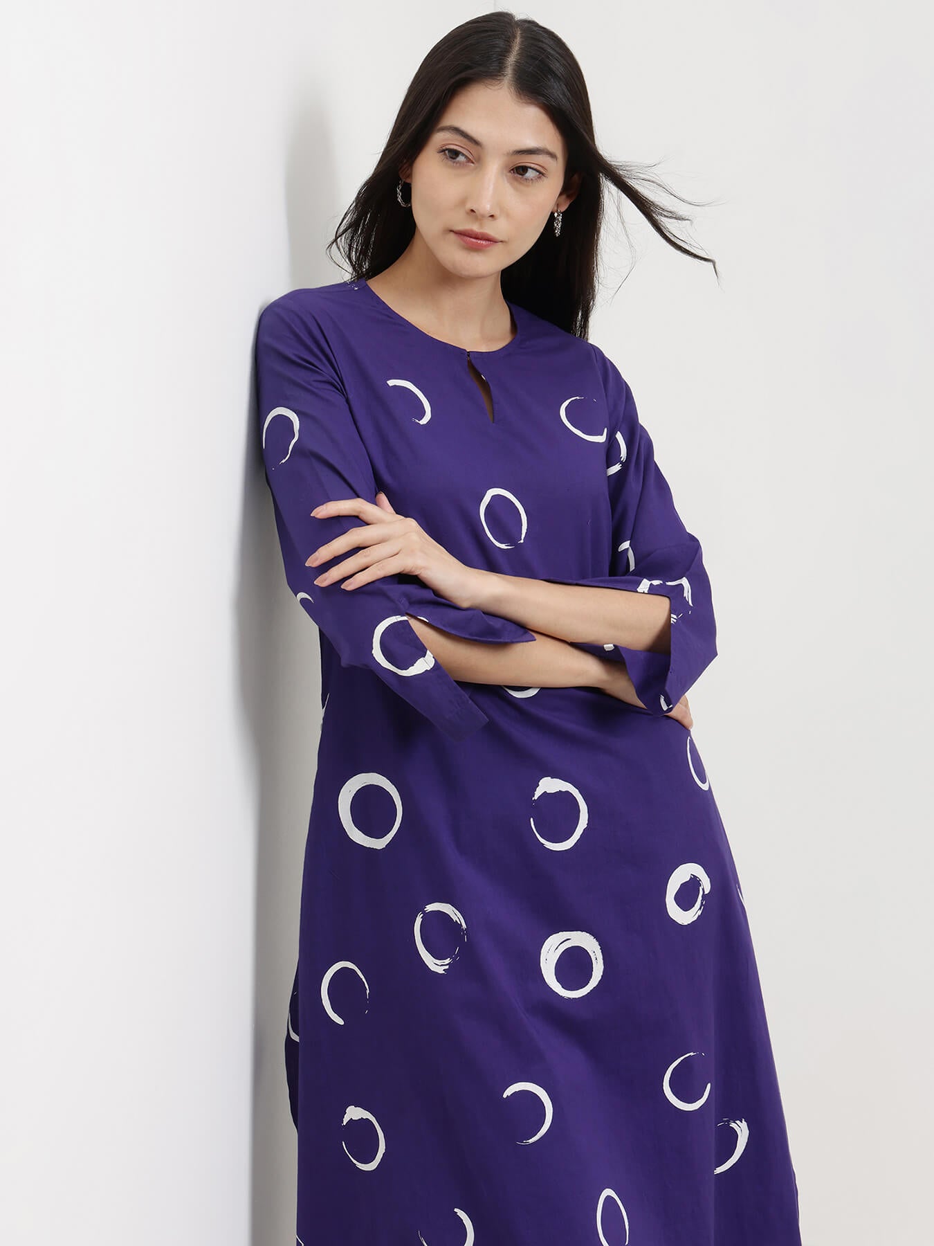 Cotton Abstract Polka Kurta Set - Purple