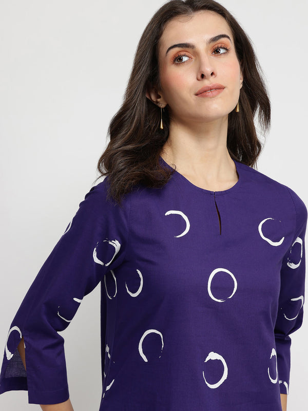 Cotton Abstract Polka Kurta Set - Purple