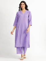 Cotton Striped Self Design Kurta Set - Lavender