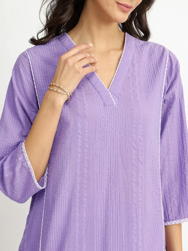 Cotton Striped Self Design Kurta Set - Lavender
