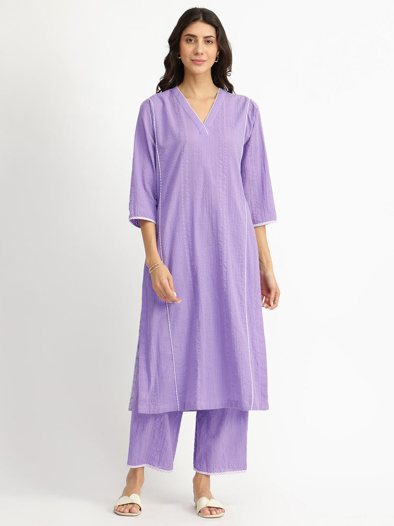 Cotton Striped Self Design Kurta Set - Lavender