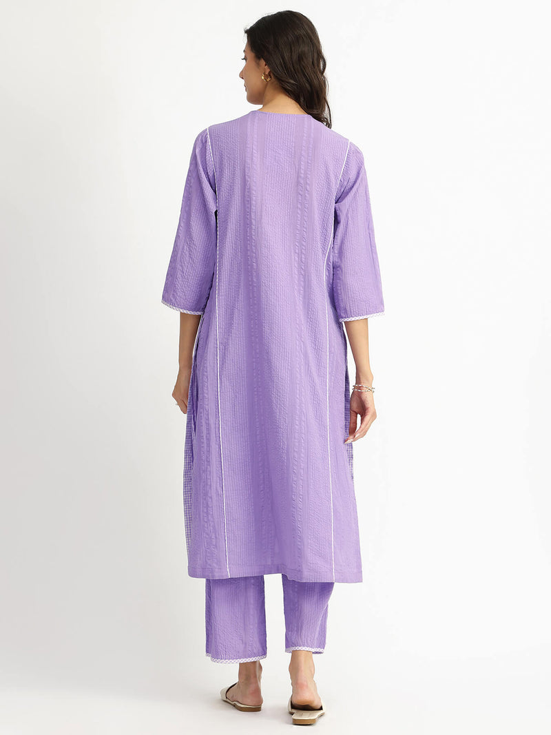 Cotton Striped Self Design Kurta Set - Lavender