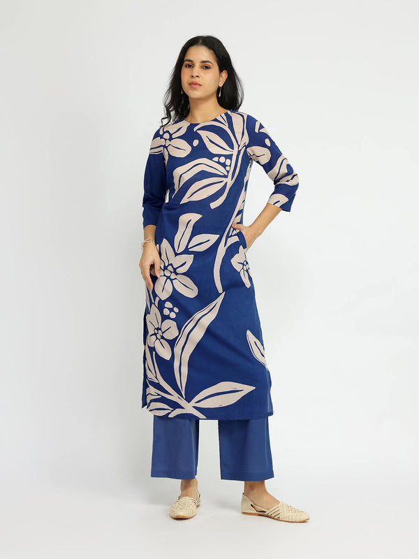 Cotton Floral Placement Print Kurta Set - Blue