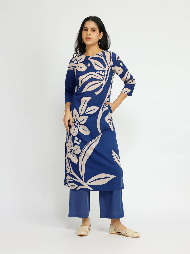 Cotton Floral Placement Print Kurta Set - Blue