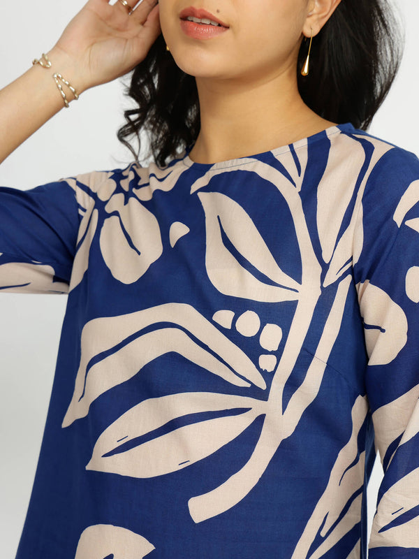 Cotton Floral Placement Print Kurta Set - Blue