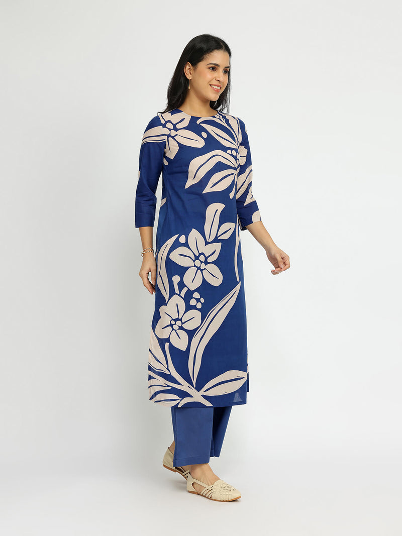 Cotton Floral Placement Print Kurta Set - Blue
