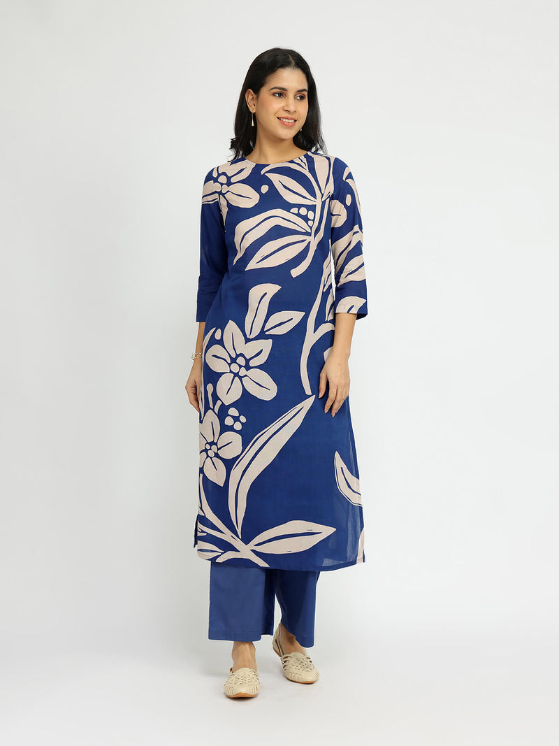 Cotton Floral Placement Print Kurta Set - Blue
