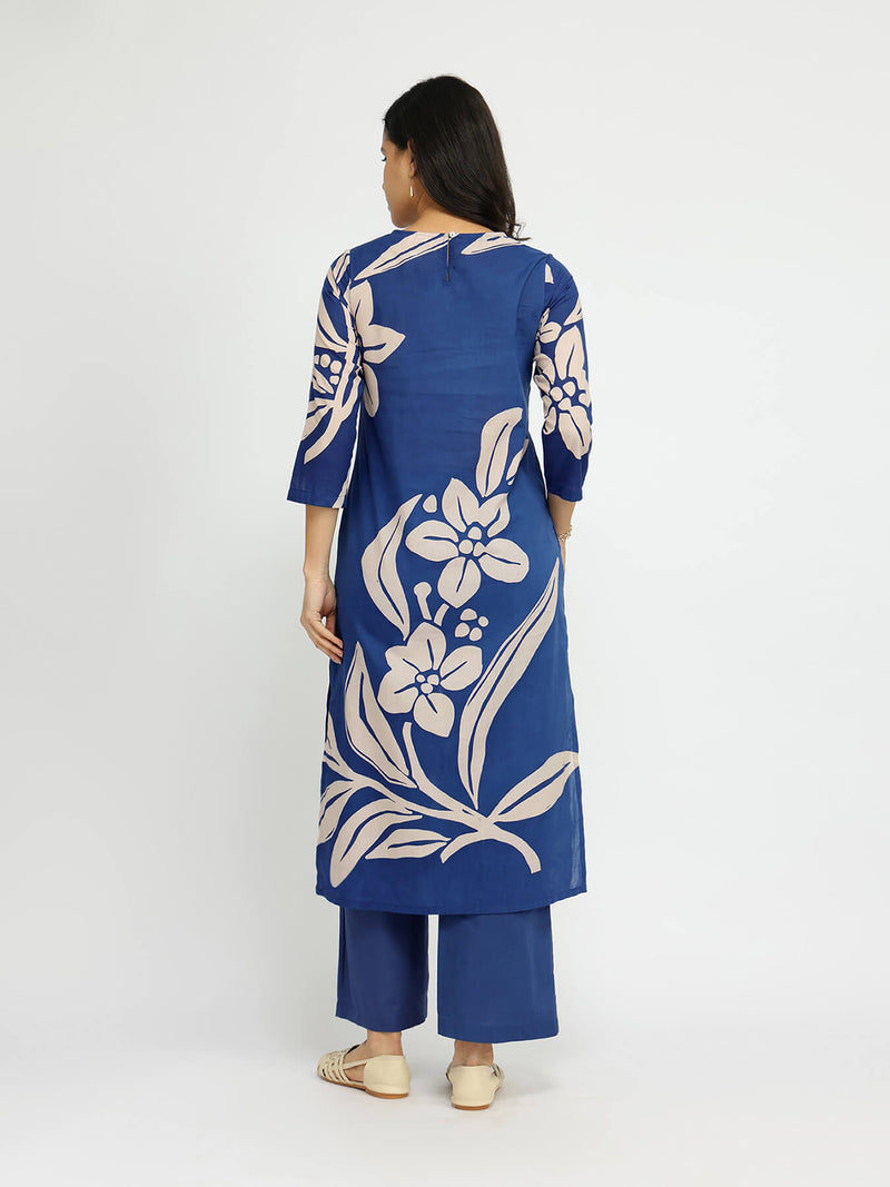Cotton Floral Placement Print Kurta Set - Blue