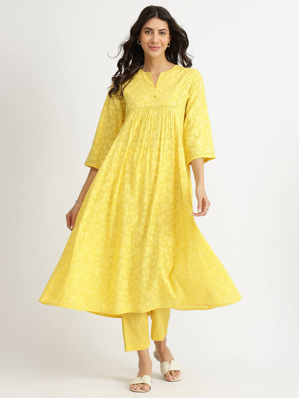 Cotton Jacquard A-Line Kurta Set - Yellow