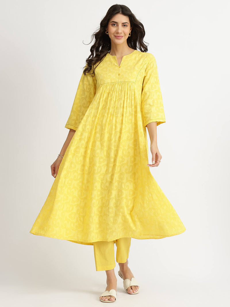 Cotton Jacquard A-Line Kurta Set - Yellow
