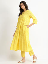 Cotton Jacquard A-Line Kurta Set - Yellow