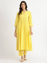 Cotton Jacquard A-Line Kurta Set - Yellow