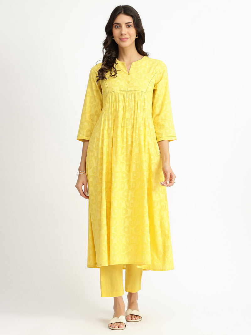 Cotton Jacquard A-Line Kurta Set - Yellow