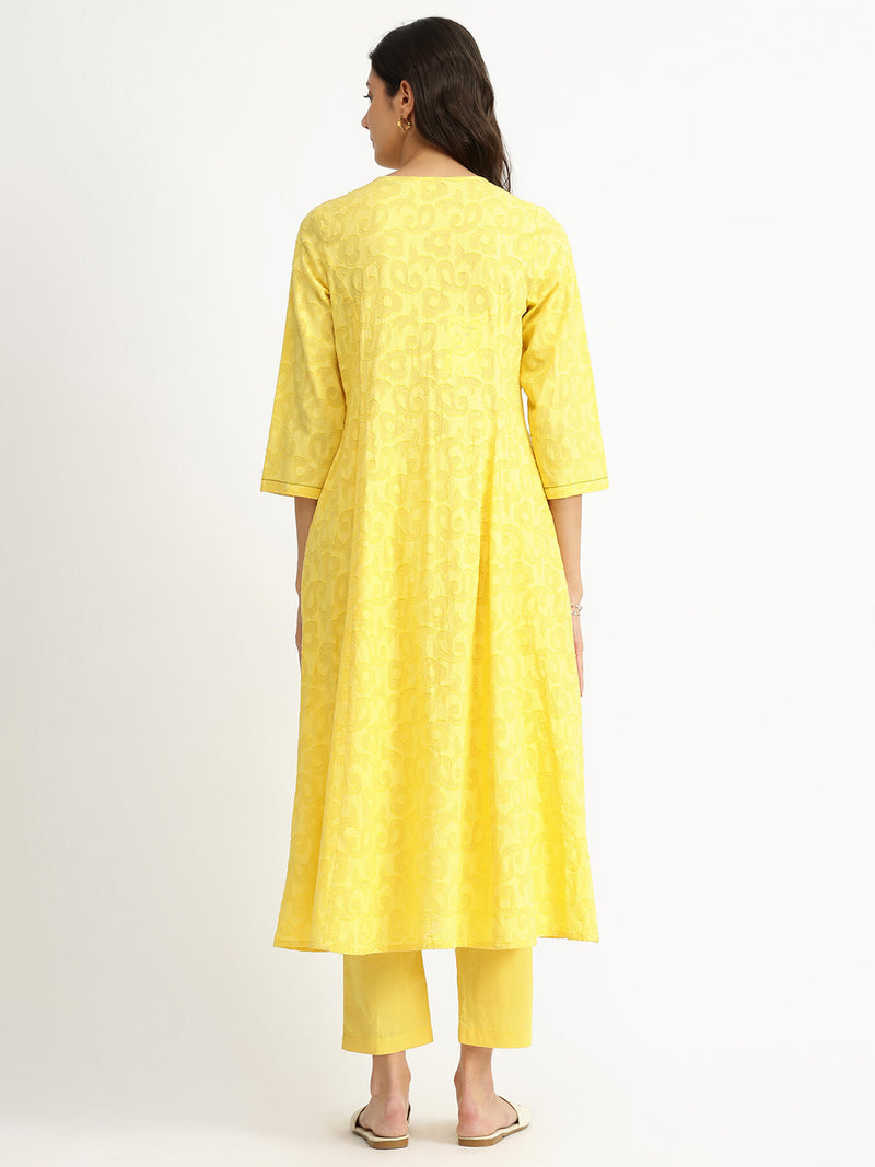Cotton Jacquard A-Line Kurta Set - Yellow