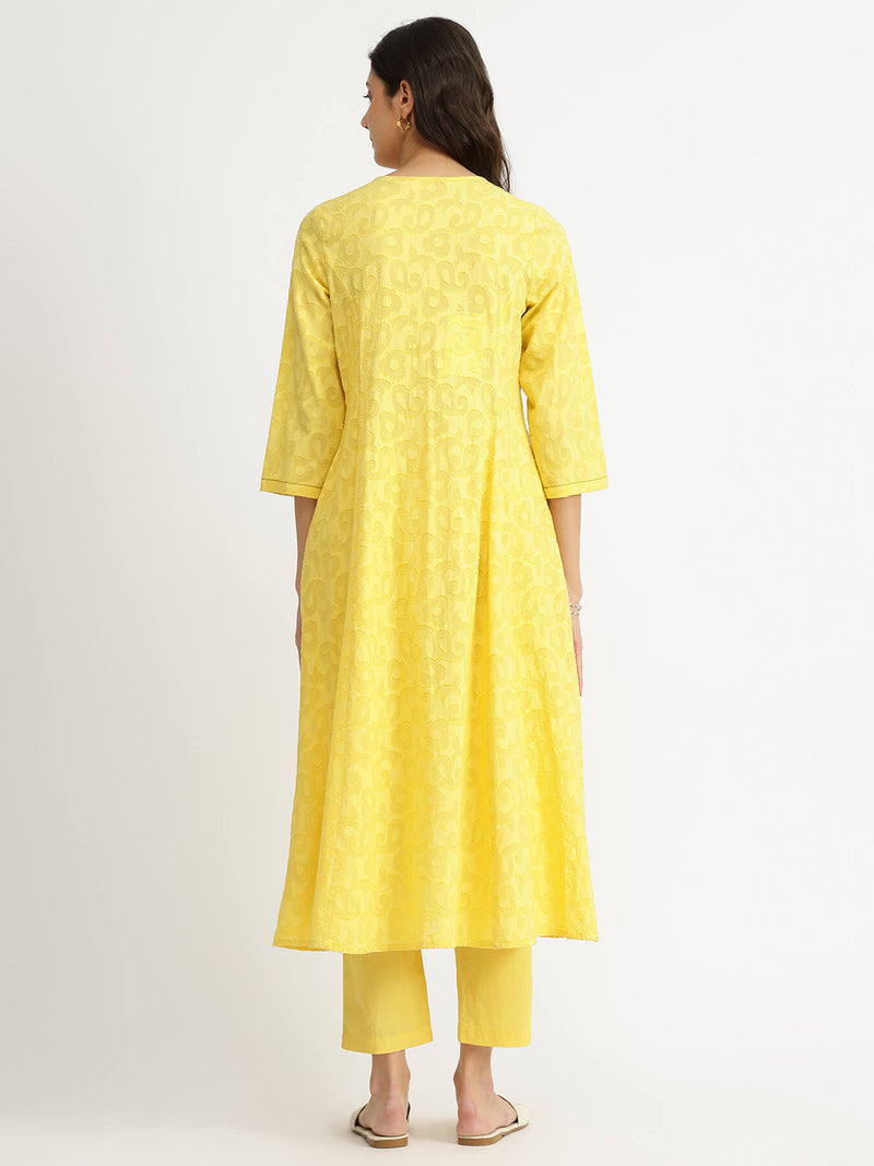 Cotton Jacquard A-Line Kurta Set - Yellow