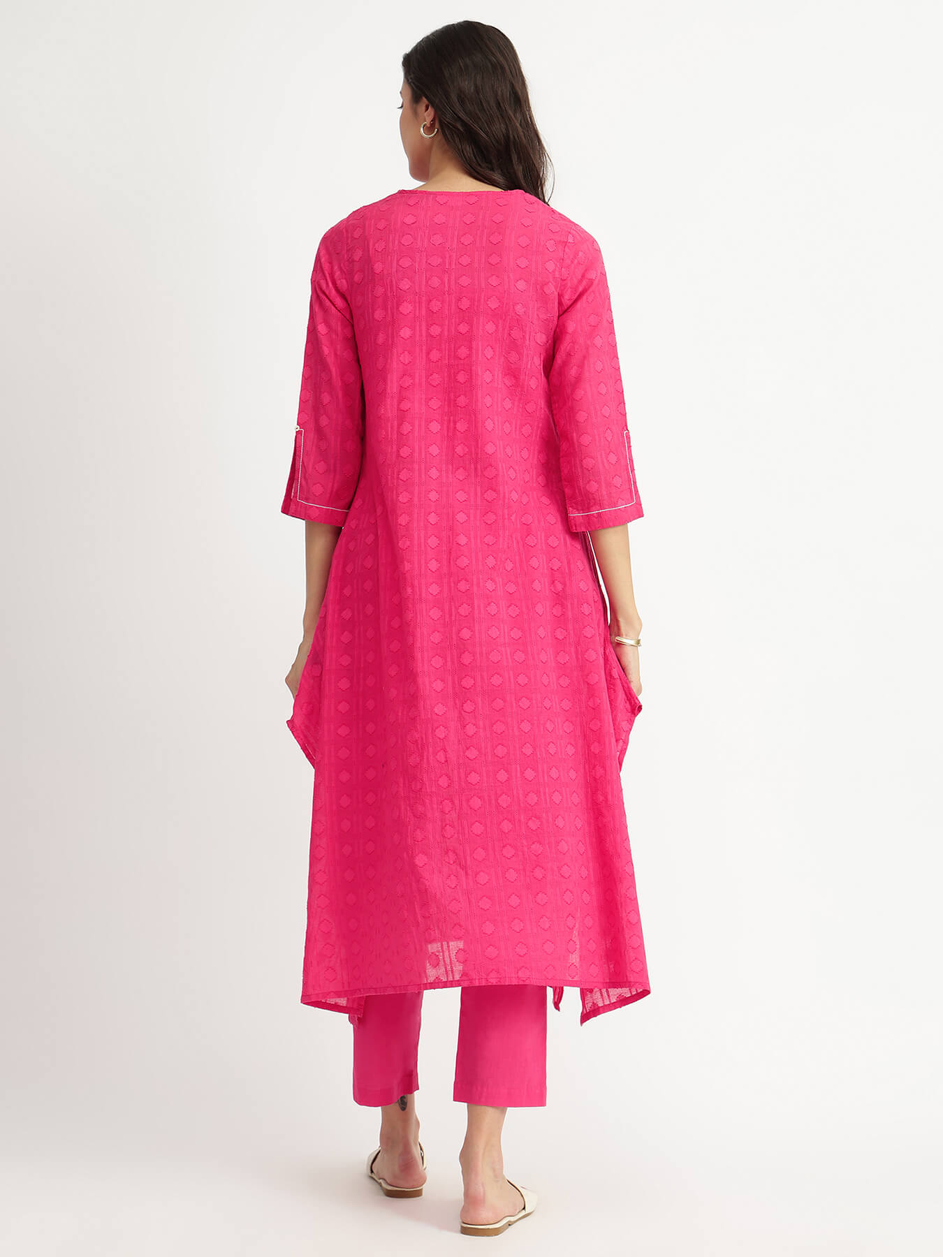 Cotton Jacquard Asymmetric Kurta Set - Pink