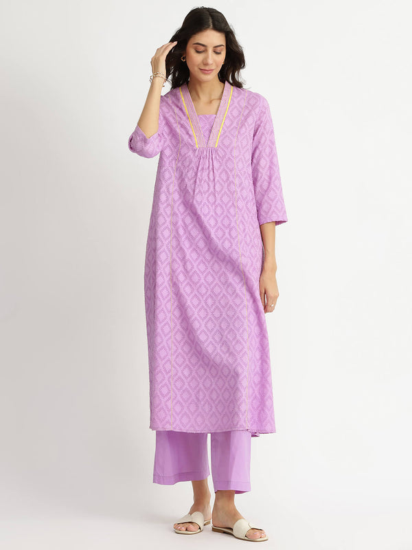 Cotton Jacquard A-Line Kurta Set - Lavender