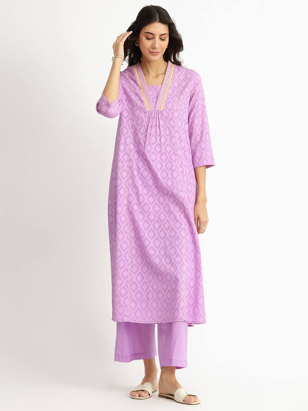 Cotton Jacquard A-Line Kurta Set - Lavender