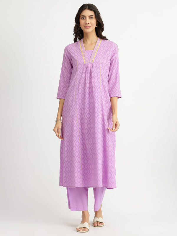 Cotton Jacquard A-Line Kurta Set - Lavender